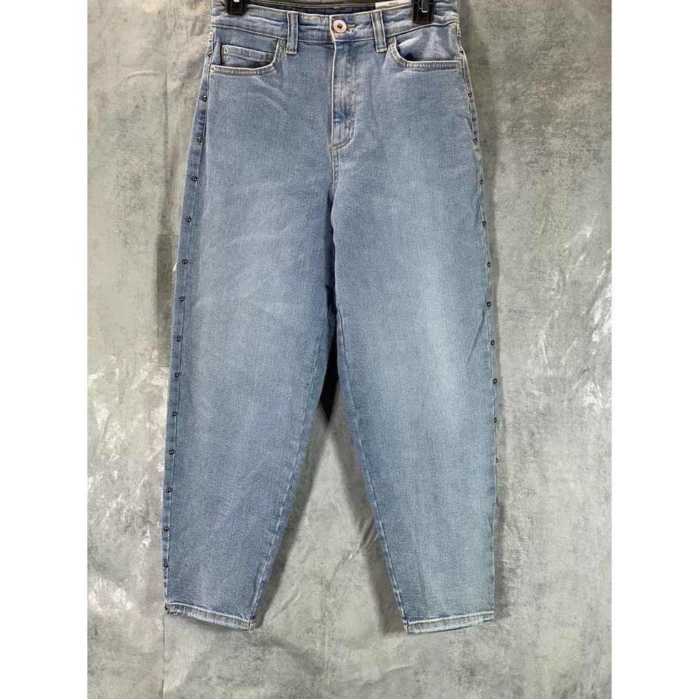 INC International Women's LT Indigo High-Rise Studded Cropped Mom Jeans SZ 2/26